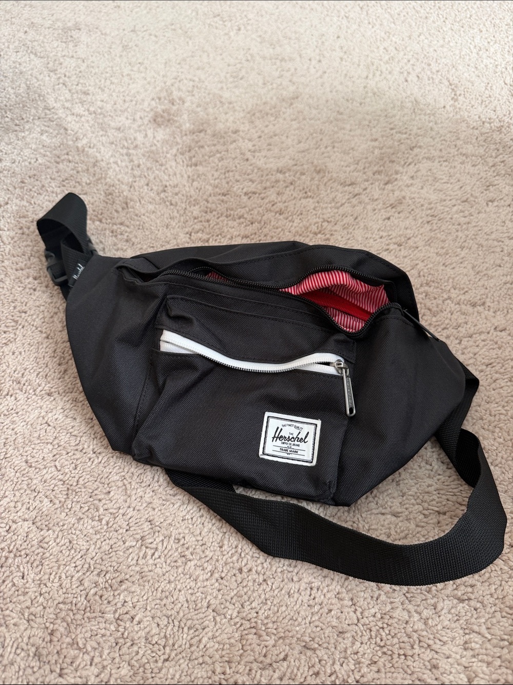 Herschel Supply Company Black Belt Bag with Red-Striped Lining